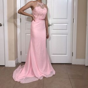 Light pink long dress with train.